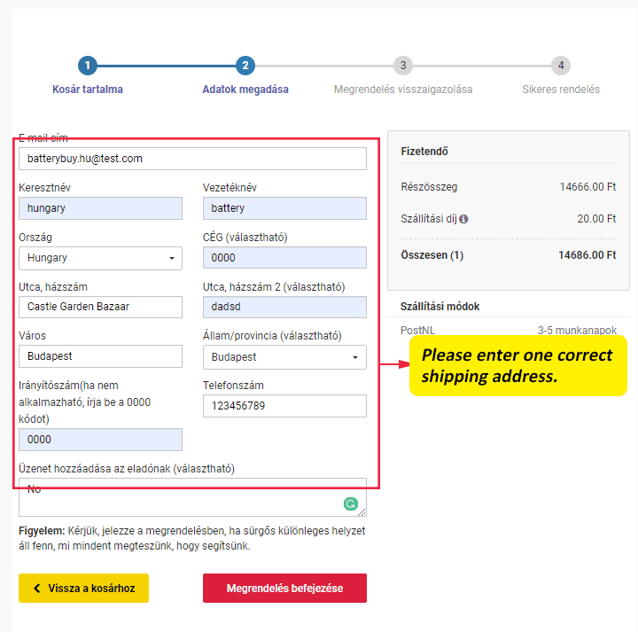 szállítási cím hozzáadása
